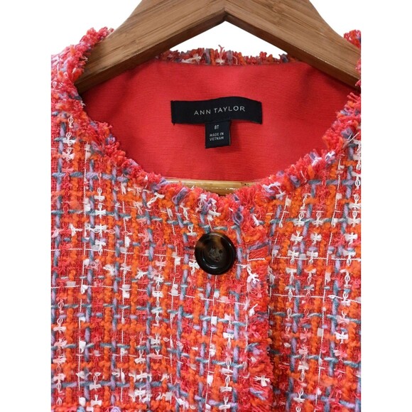 Ann Taylor Tweed Jacket 8T TALL Fringe Edge Orange Spark Lined - Picture 3 of 10